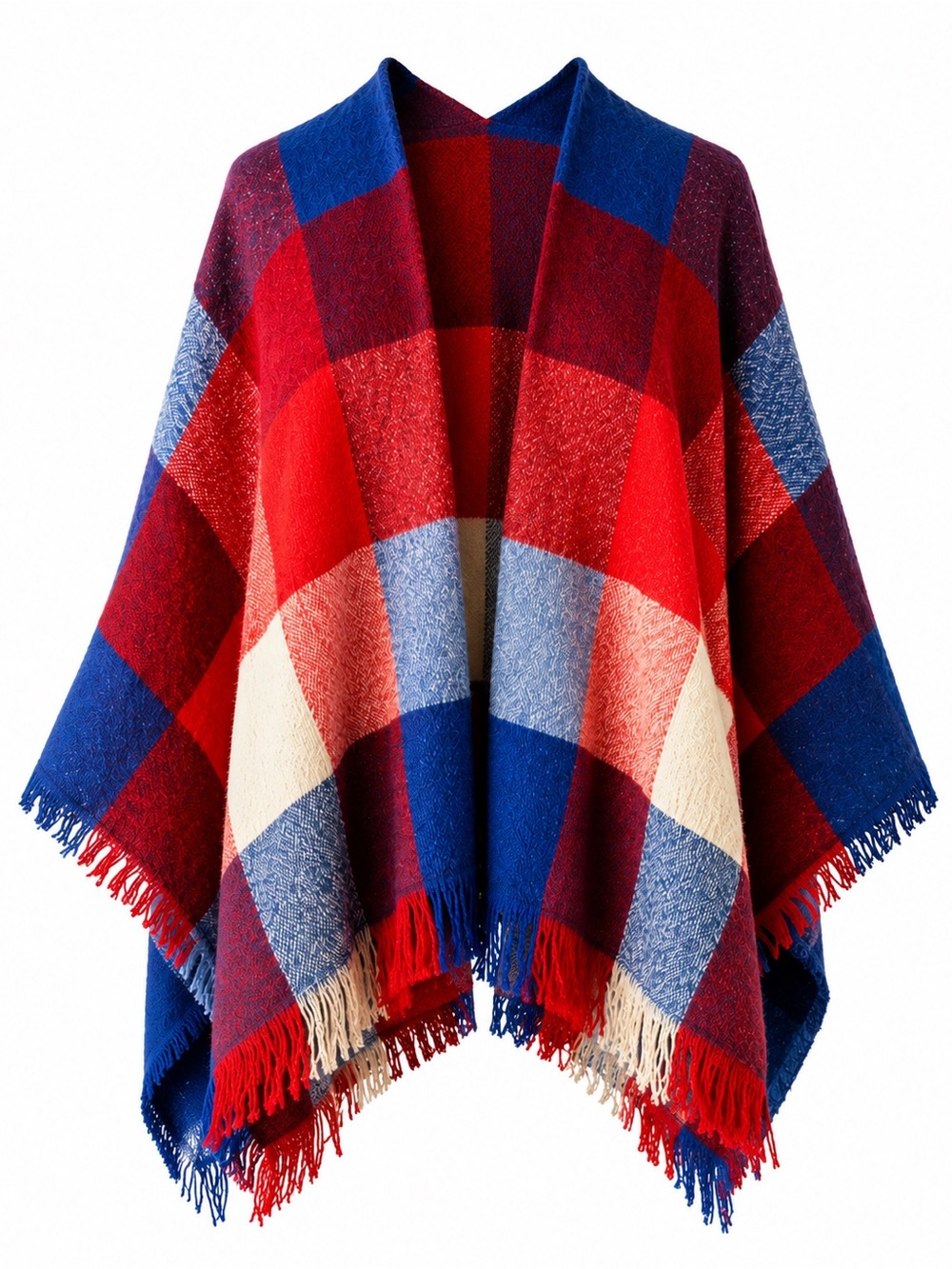 Vintage Plaid Wool Blend Ruana Cape Fringe Blanket Wrap Oversized Red Blue